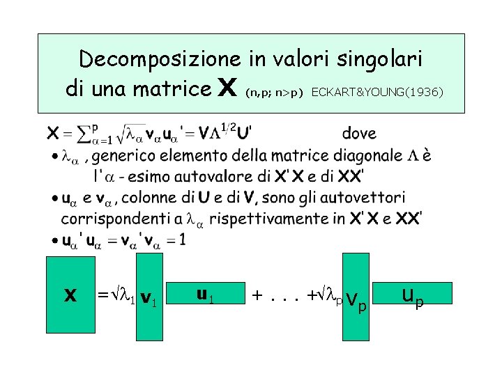Decomposizione in valori singolari di una matrice X (n, p; n>p) ECKART&YOUNG(1936) X =
