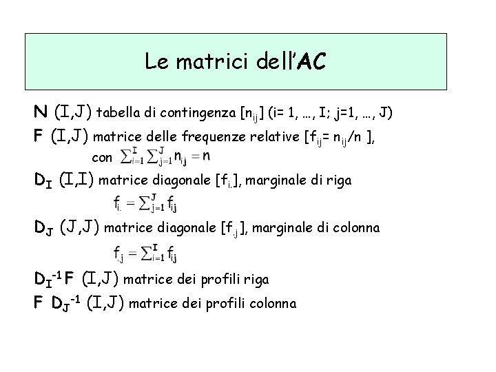 Le matrici dell’AC N (I, J) tabella di contingenza [nij] (i= 1, …, I;