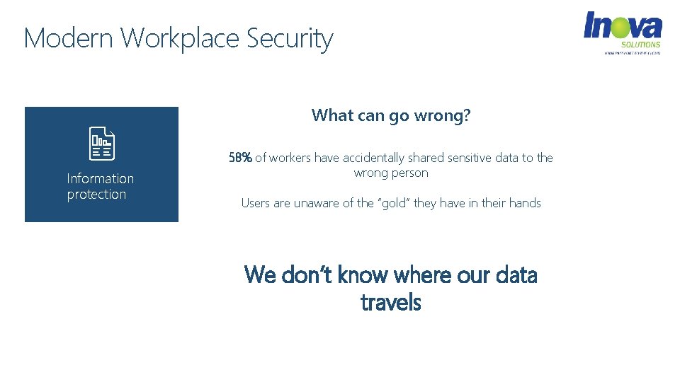 Modern Workplace Security What can go wrong? Information protection 58% of workers have accidentally