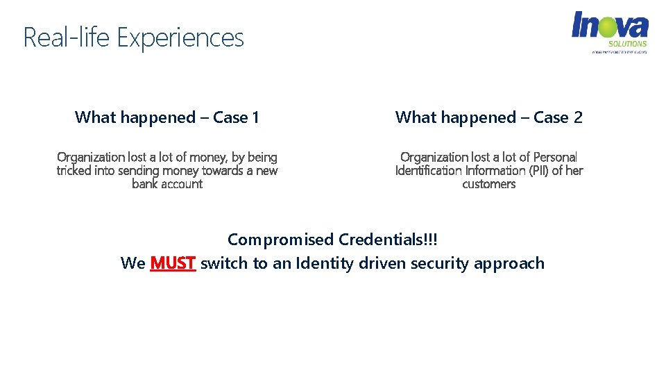 Real-life Experiences What happened – Case 1 What happened – Case 2 Organization lost