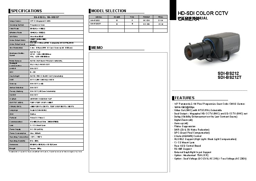 SPECIFICATIONS SDI-BS 212 | SDI-BS 212 T Image Sensor 1/3” 2. 1 Megapixel CMOS