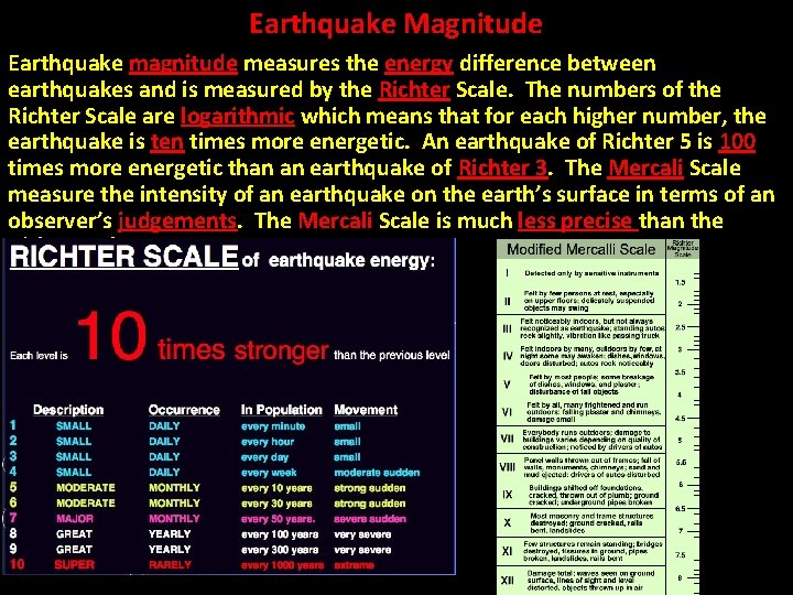 Earthquake Magnitude Earthquake magnitude measures the energy difference between earthquakes and is measured by