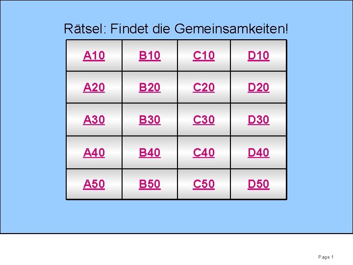 Rätsel: Findet die Gemeinsamkeiten! A 10 B 10 C 10 D 10 A 20