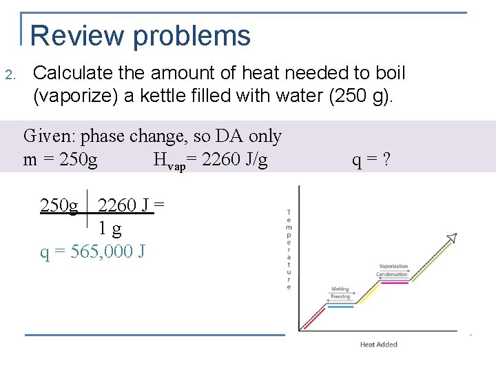 Review problems 2. Calculate the amount of heat needed to boil (vaporize) a kettle