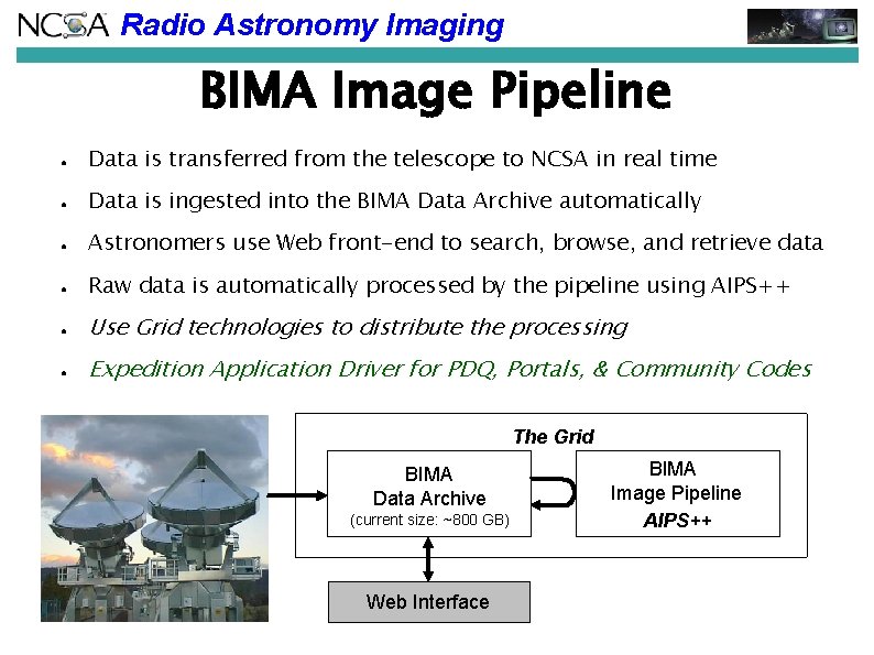 Radio Astronomy Imaging BIMA Image Pipeline ● Data is transferred from the telescope to Radio Astronomy Imaging BIMA Image Pipeline ● Data is transferred from the telescope to