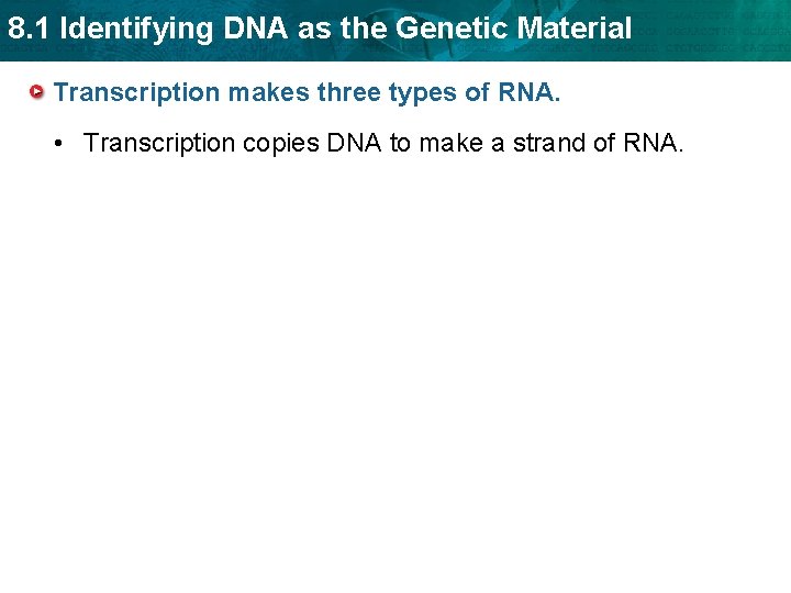 8. 1 Identifying DNA as the Genetic Material Transcription makes three types of RNA.