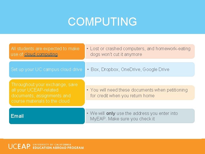 COMPUTING All students are expected to make use of cloud computing • Lost or