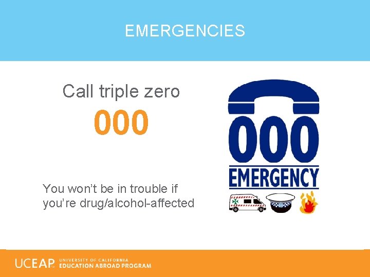 EMERGENCIES Call triple zero 000 You won’t be in trouble if you’re drug/alcohol-affected 