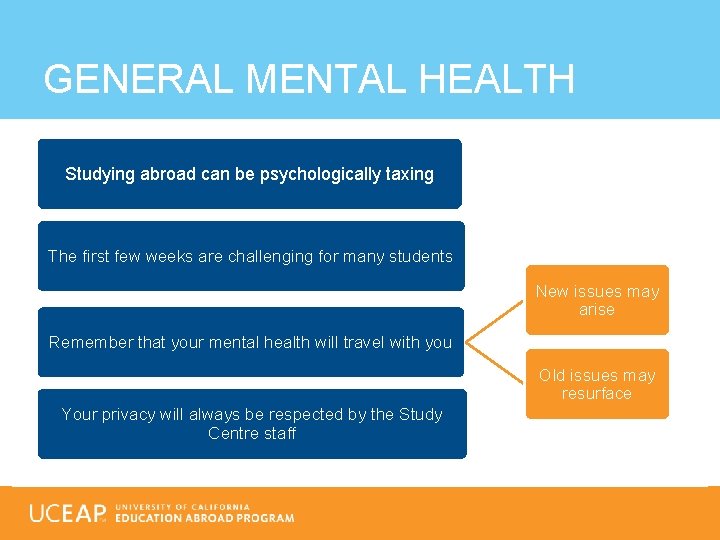 GENERAL MENTAL HEALTH Studying abroad can be psychologically taxing The first few weeks are