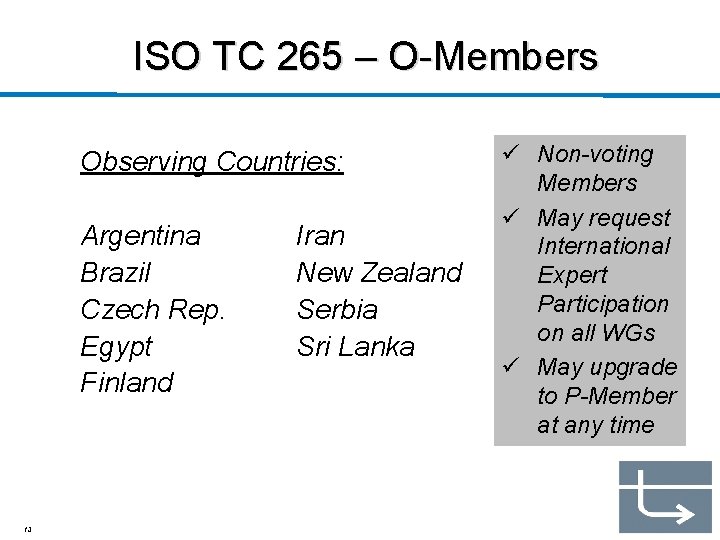 ISO TC 265 – O-Members Observing Countries: Argentina Brazil Czech Rep. Egypt Finland 13