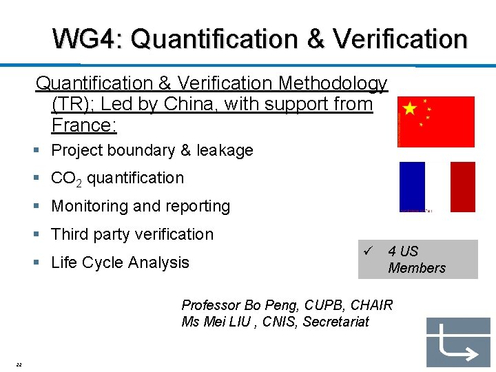 WG 4: Quantification & Verification Methodology (TR); Led by China, with support from France: