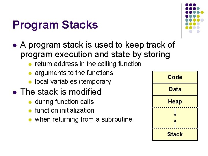 Program Stacks l A program stack is used to keep track of program execution