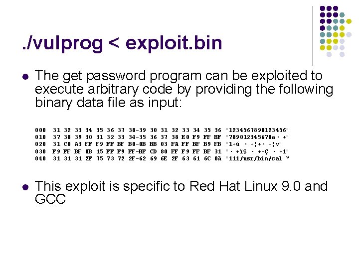 . /vulprog < exploit. bin l The get password program can be exploited to