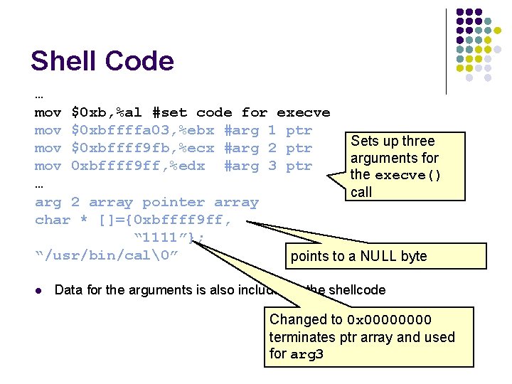 Shell Code … mov $0 xb, %al #set code for execve mov $0 xbffffa