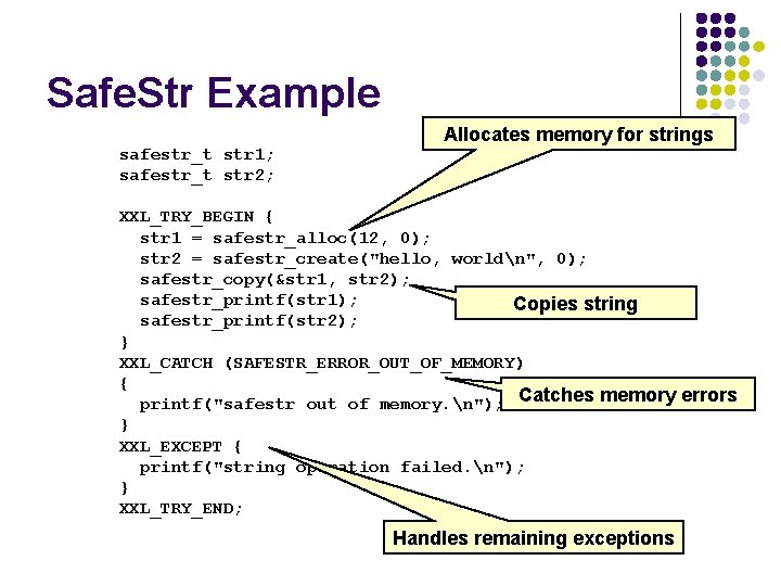 Safe. Str Example Allocates memory for strings safestr_t str 1; safestr_t str 2; XXL_TRY_BEGIN
