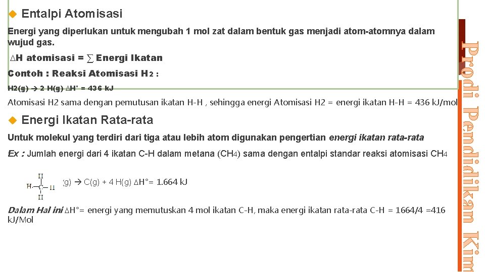  Entalpi Atomisasi H atomisasi = ∑ Energi Ikatan Contoh : Reaksi Atomisasi H