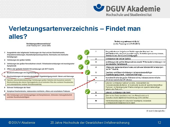 Verletzungsartenverzeichnis – Findet man alles? © nach Schweigkofler © DGUV Akademie 20 Jahre Hochschule