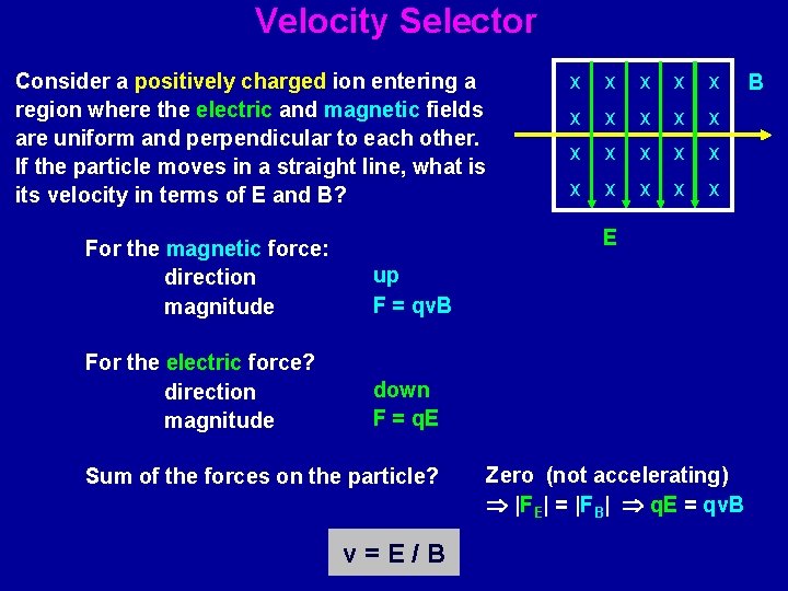 Velocity Selector Consider a positively charged ion entering a region where the electric and