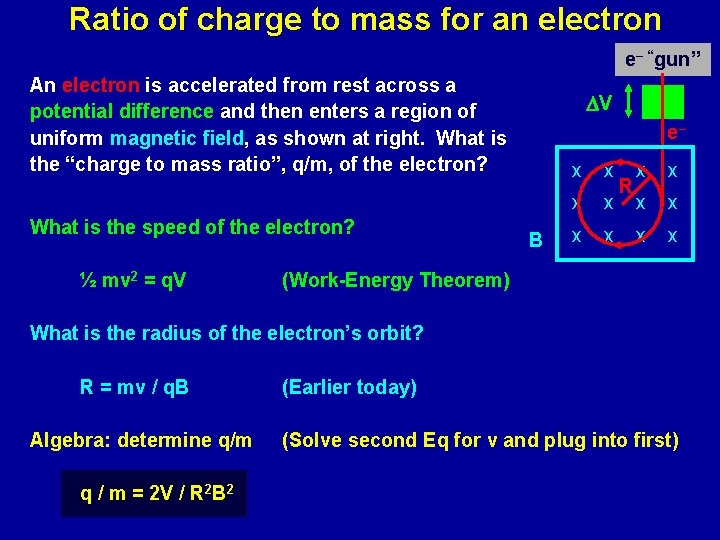 Ratio of charge to mass for an electron e– “gun” An electron is accelerated