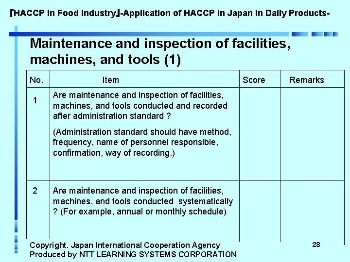 『HACCP in Food Industry』-Application of HACCP in Japan In Daily Products- Maintenance and inspection