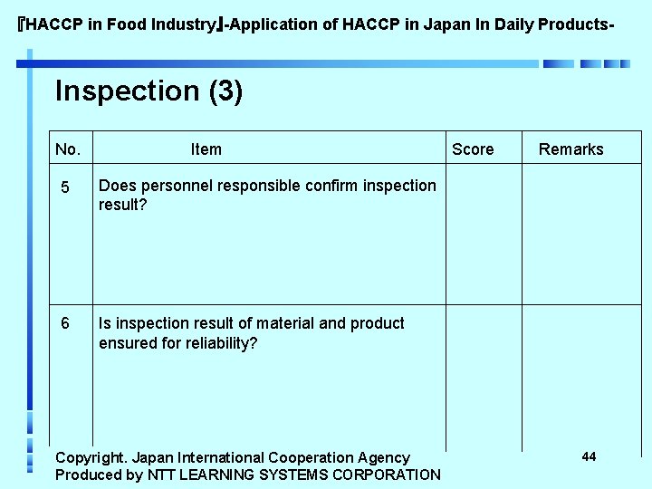 『HACCP in Food Industry』-Application of HACCP in Japan In Daily Products- Inspection (3) No.