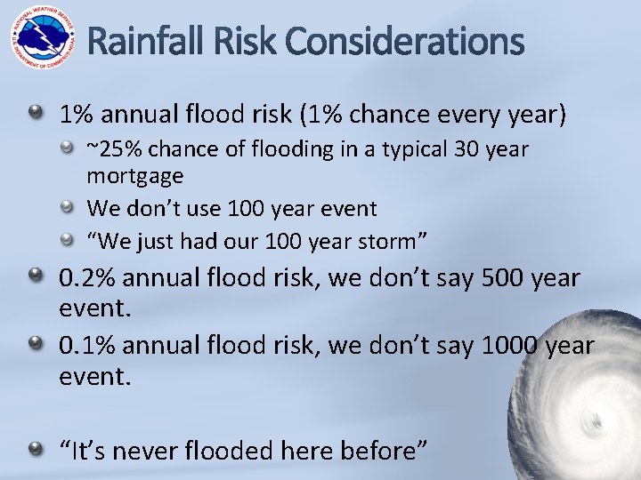 1% annual flood risk (1% chance every year) ~25% chance of flooding in a