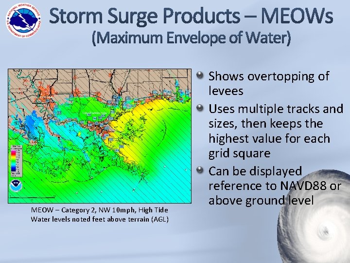 MEOW – Category 2, NW 10 mph, High Tide Water levels noted feet above