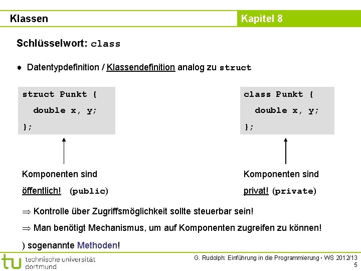 Klassen Kapitel 8 Schlüsselwort: class ● Datentypdefinition / Klassendefinition analog zu struct Punkt {