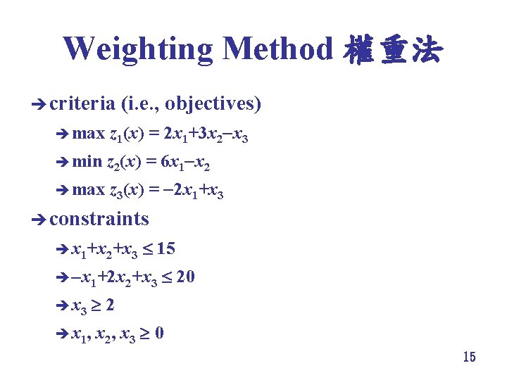 Weighting Method 權重法 è criteria (i. e. , objectives) è max z 1(x) =