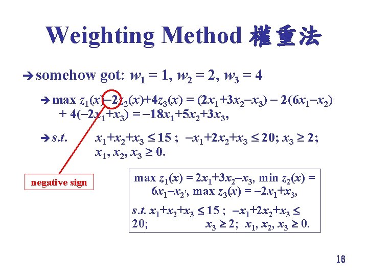 Weighting Method 權重法 è somehow got: w 1 = 1, w 2 = 2,