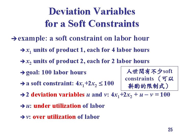 Deviation Variables for a Soft Constraints è example: a soft constraint on labor hour