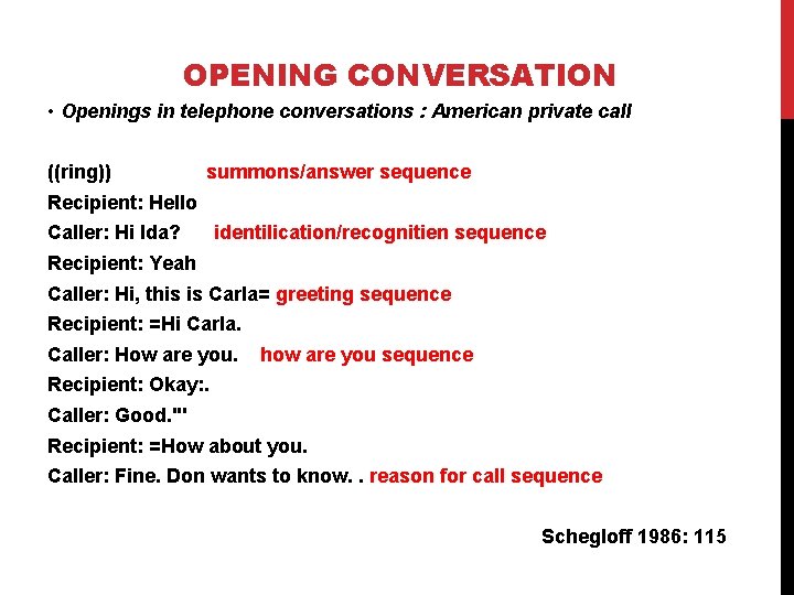 OPENING CONVERSATION • Openings in telephone conversations : American private call ((ring)) summons/answer sequence