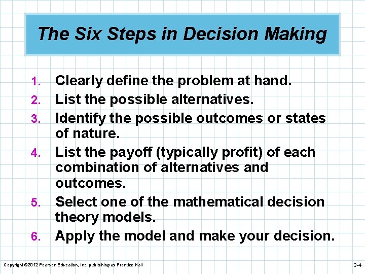 The Six Steps in Decision Making 1. 2. 3. 4. 5. 6. Clearly define