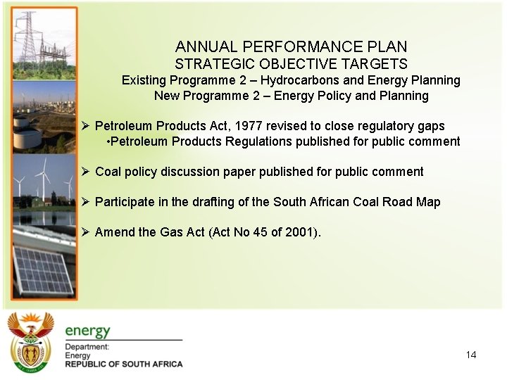 ANNUAL PERFORMANCE PLAN STRATEGIC OBJECTIVE TARGETS Existing Programme 2 – Hydrocarbons and Energy Planning