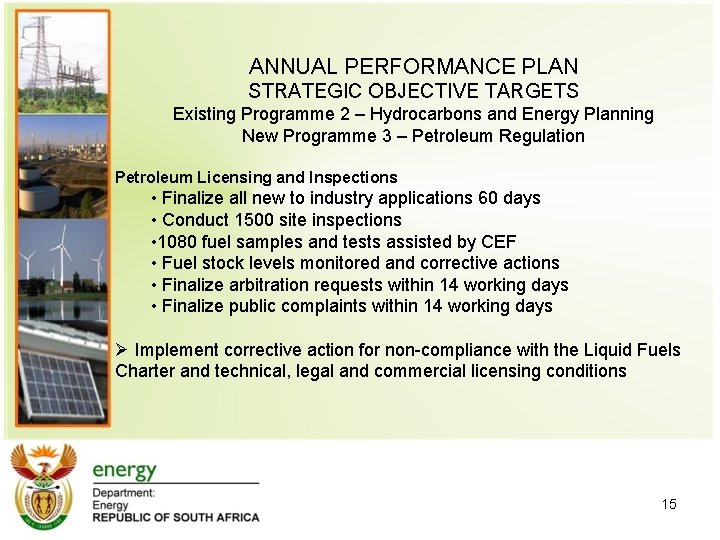 ANNUAL PERFORMANCE PLAN STRATEGIC OBJECTIVE TARGETS Existing Programme 2 – Hydrocarbons and Energy Planning