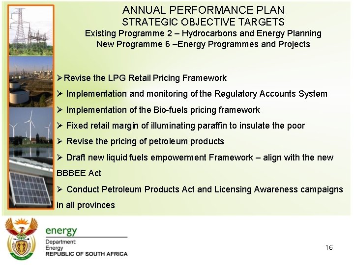 ANNUAL PERFORMANCE PLAN STRATEGIC OBJECTIVE TARGETS Existing Programme 2 – Hydrocarbons and Energy Planning