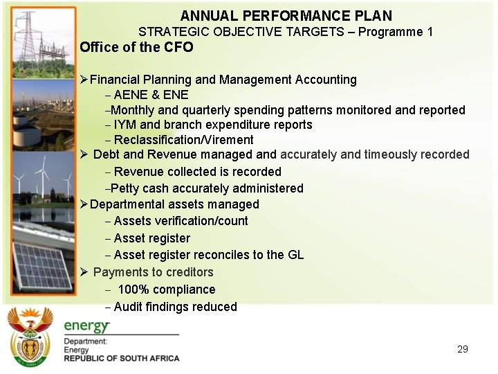 ANNUAL PERFORMANCE PLAN STRATEGIC OBJECTIVE TARGETS – Programme 1 Office of the CFO ØFinancial