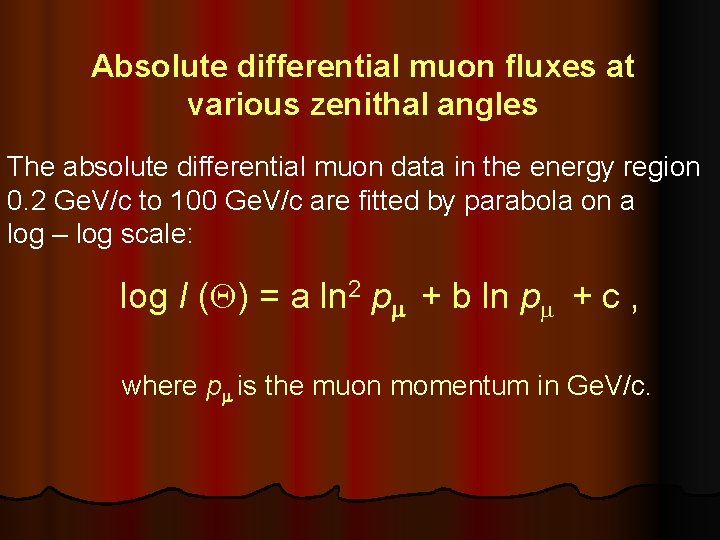 Absolute differential muon fluxes at various zenithal angles The absolute differential muon data in