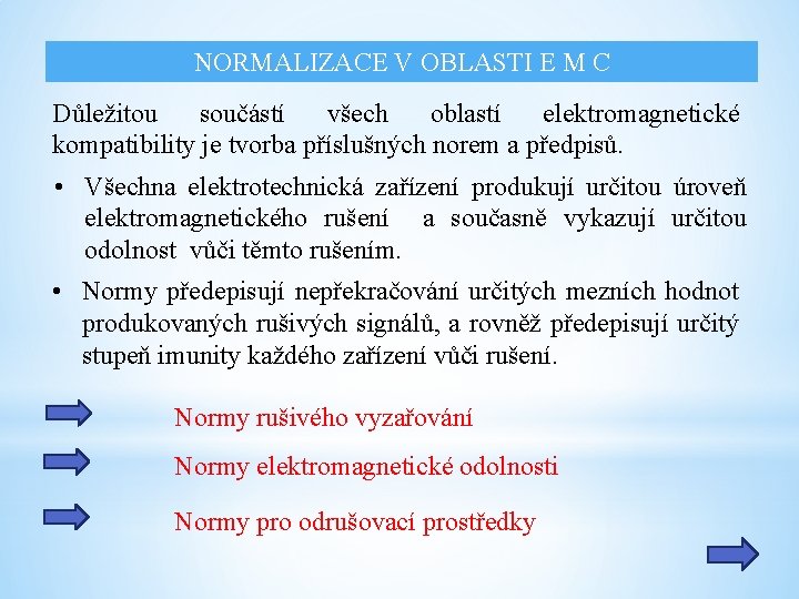 NORMALIZACE V OBLASTI E M C Důležitou součástí všech oblastí elektromagnetické kompatibility je tvorba