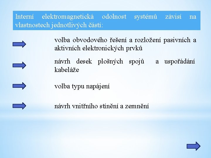 Interní elektromagnetická odolnost vlastnostech jednotlivých částí: systémů závisí na volba obvodového řešení a rozložení