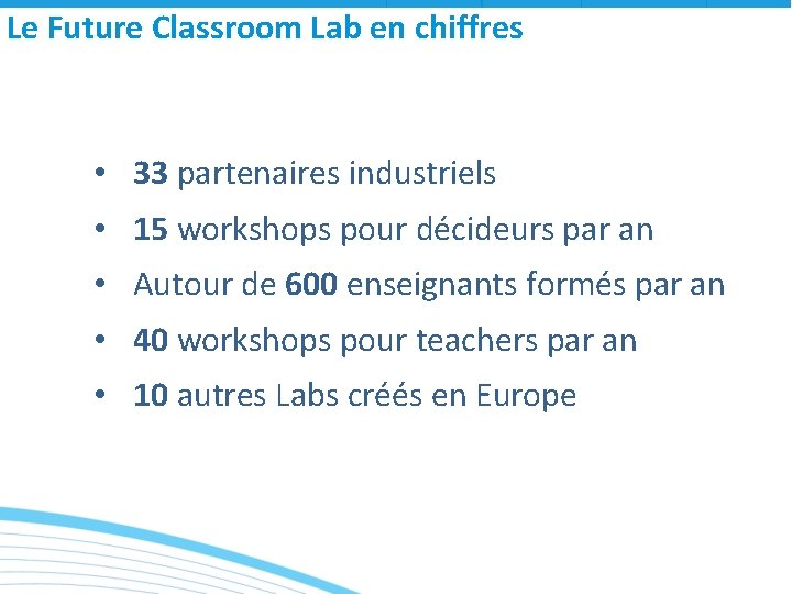 Le Future Classroom Lab en chiffres • 33 partenaires industriels • 15 workshops pour