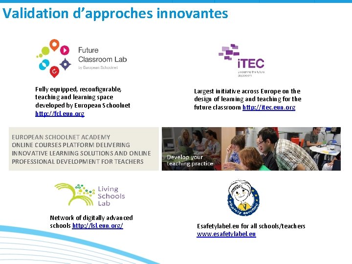 Validation d’approches innovantes Fully equipped, reconfigurable, teaching and learning space developed by European Schoolnet