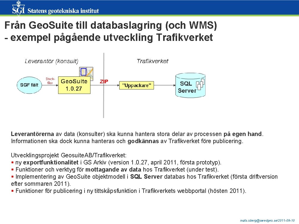 Från Geo. Suite till databaslagring (och WMS) - exempel pågående utveckling Trafikverket Leverantörerna av