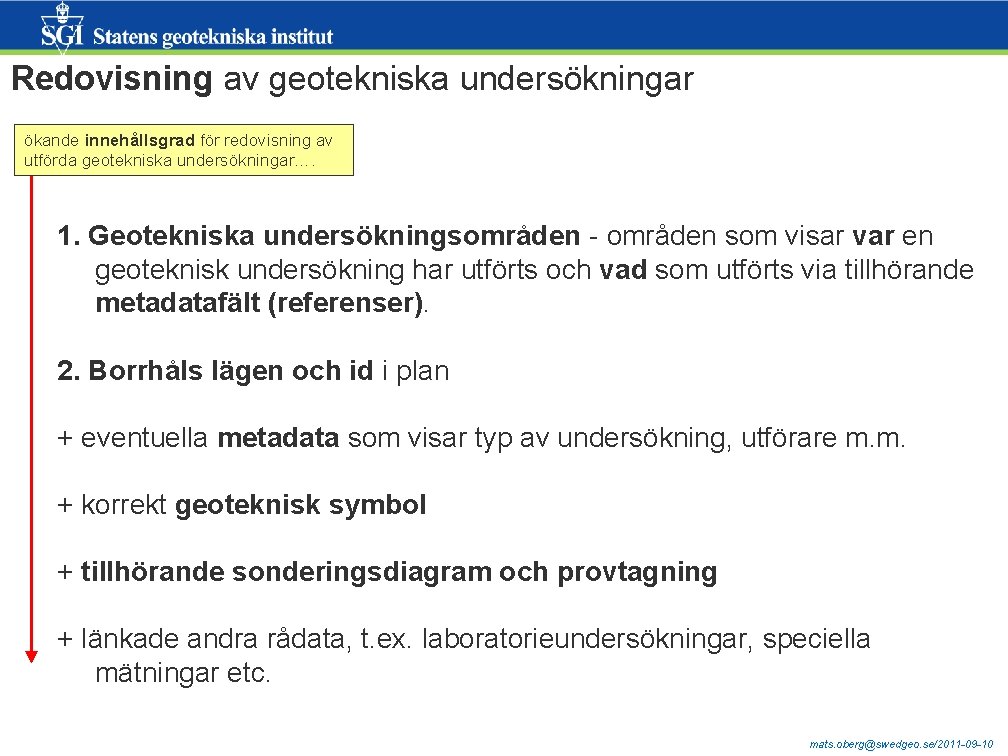 Redovisning av geotekniska undersökningar ökande innehållsgrad för redovisning av utförda geotekniska undersökningar…. 1. Geotekniska