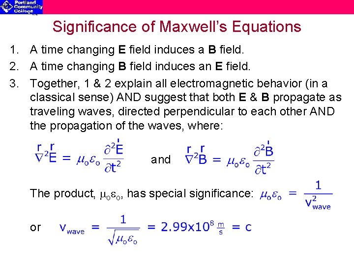 Significance of Maxwell’s Equations 1. A time changing E field induces a B field.