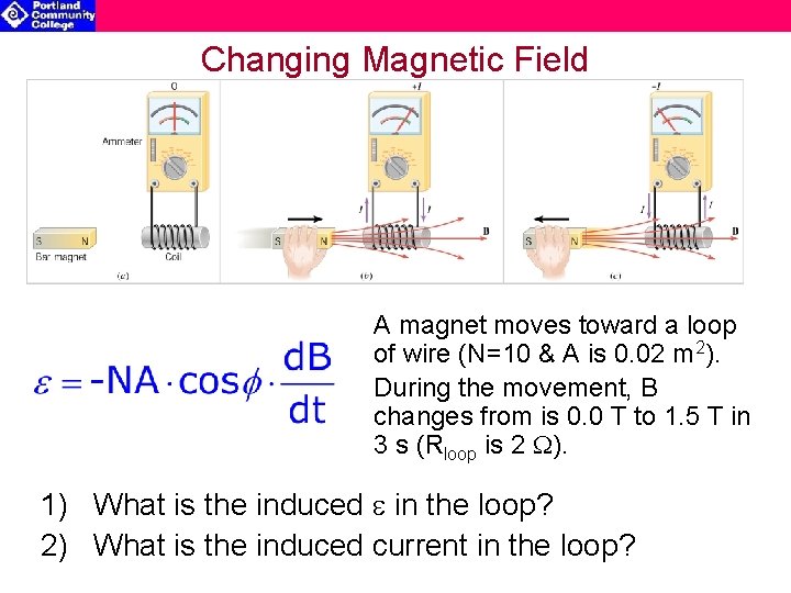 Changing Magnetic Field A magnet moves toward a loop of wire (N=10 & A