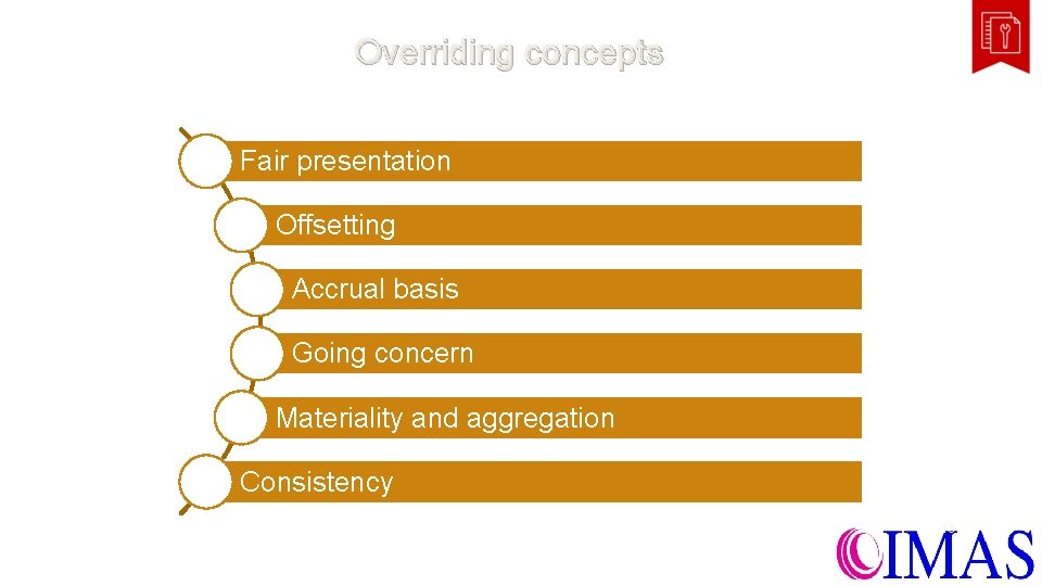 Overriding concepts Fair presentation Offsetting Accrual basis Going concern Materiality and aggregation Consistency 13 Overriding concepts Fair presentation Offsetting Accrual basis Going concern Materiality and aggregation Consistency 13