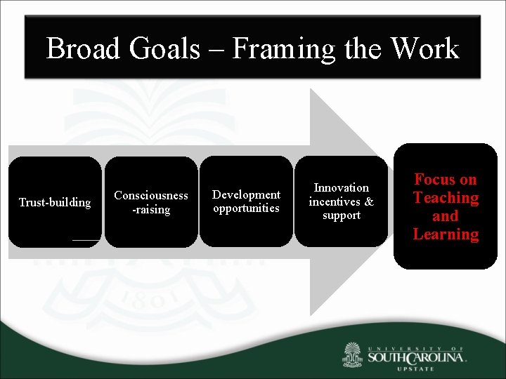 Broad Goals – Framing the Work Trust-building Consciousness -raising Development opportunities Innovation incentives &