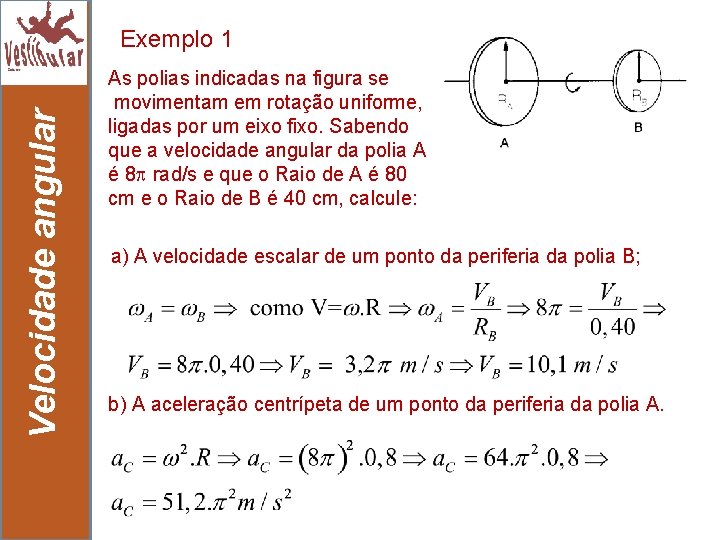 Velocidade angular Exemplo 1 20 As polias indicadas na figura se movimentam em rotação